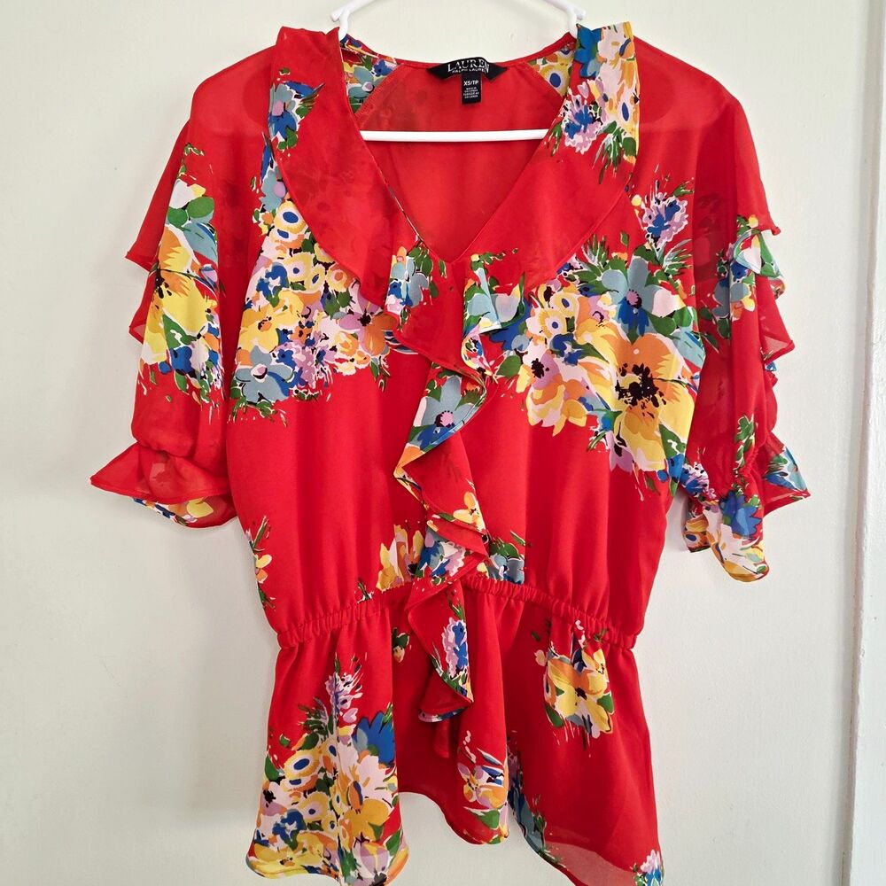 Lauren Ralph Lauren Floral V-Neck Ruffle Short Sleeve Peplum Blouse XS